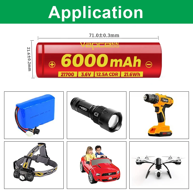 Vapcell F60 21700 Battery - 6000mah, 12.5A for E-bikes
