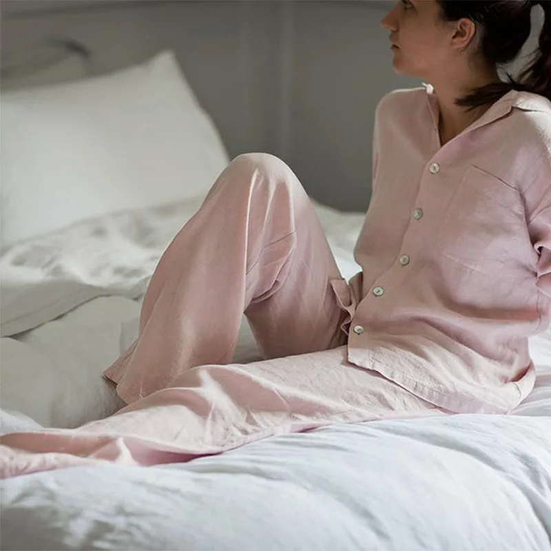 Unisex Linen Pajama Set Women Men Sleepwear Couple Nightgown Eco Sustainable Flax Linen Clothing Support
