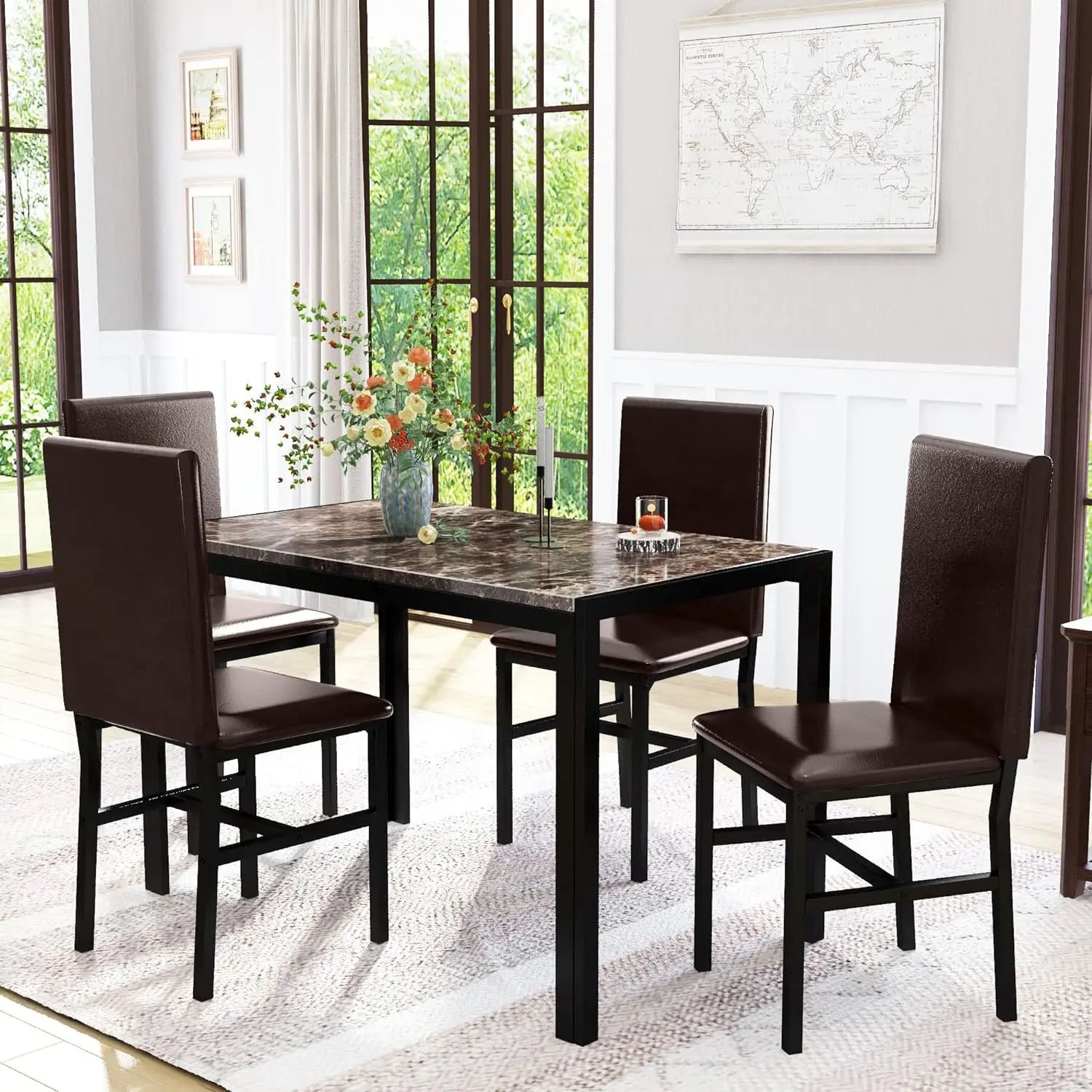 Modern Brown Marble Finish Dining Table Set Of 4 Kitchen Table And Upholstered Leather Chairs ...