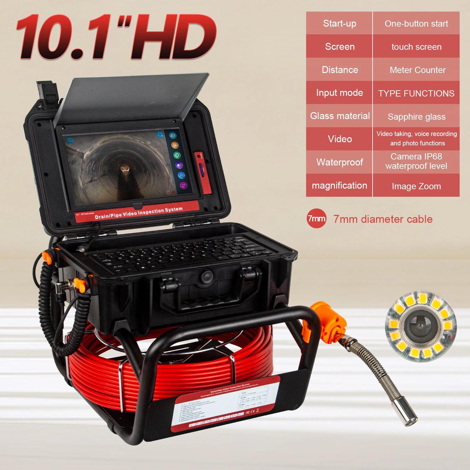 Sewer Camera 10.1Inch HD1080P Touch Screen 512Hz Sonde/Transmitter Pipe Inspection Camera 16GB Card Video&Audio Recording&Meter Counter
