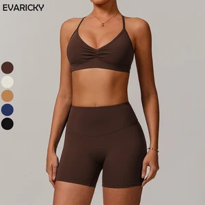 Breathable V-neck Yoga Crop Top Cross Back Pleated Sports Bra and Butt Lift Biker Shorts Running Gym Wear 2 Piece Yoga Sets