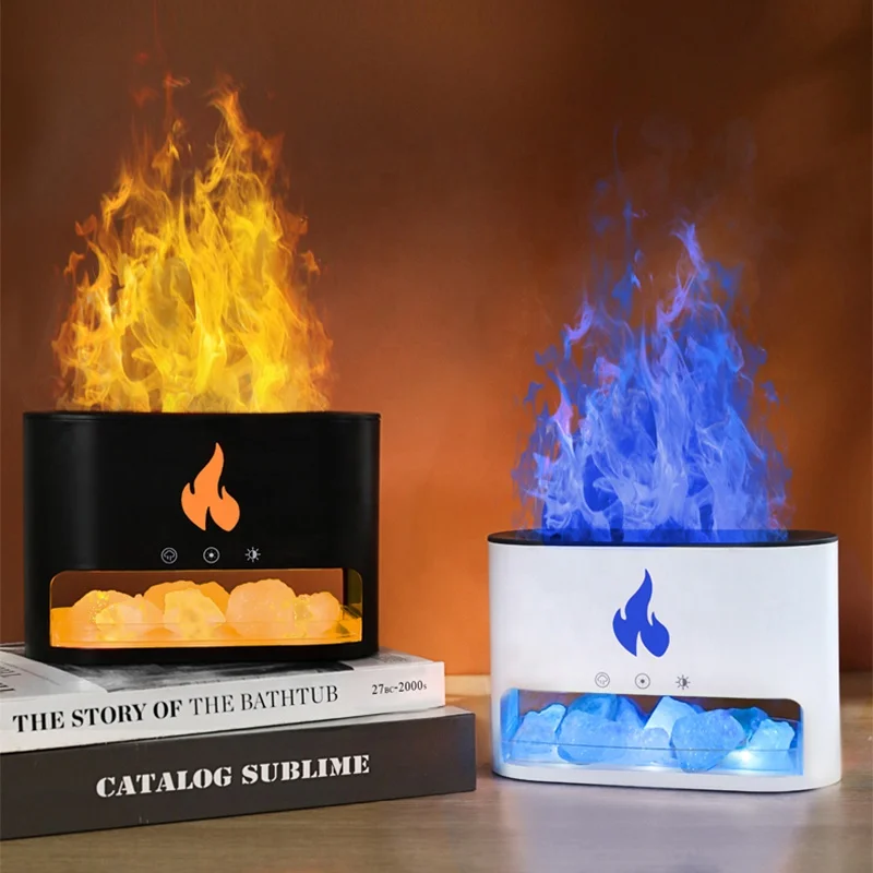 Custom Logo Fire Flame Aroma Diffuser 250Ml Himalayan Crystal Salt Rocks Touchable Flame Air Humidifier Diffuser Essential Oil