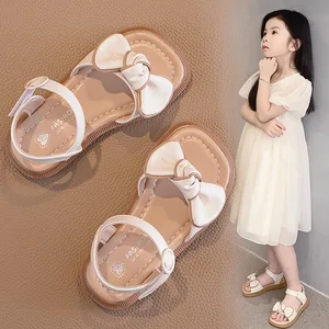 Children New Beach Soft Bottom Sandals Summer Fashion PU Bowknot Solid Color Girl Open Toe Sandals for Girl