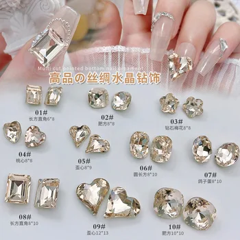 Hot Selling wholesale heart round drop oval square designs Champagne gold k9 crystal charms rhinestones jewelry for nails