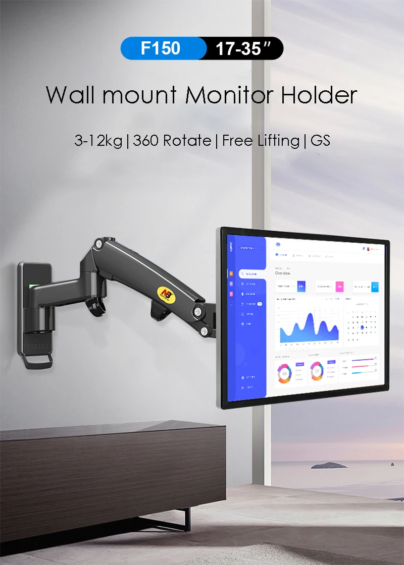 Support mural pour moniteur, bras articulé en alliage d'aluminium, rotation à 360°, compatible avec les écrans LED/LCD de 24 à 35 pouces, bras à ressort à gaz, charge maximale de 3 à 12 kg, référence F150_voghion.com