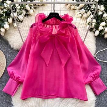 Autumn Women's Loose Fit Woven Breathable Full Sleeve Others Collar Casual Blouses Ruffles Shirts Elegant Tops Wholesale