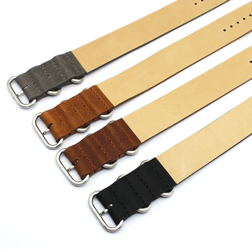 Thick Single Pass Leather Watch Strap 18mm 20mm 22mm 24mm Brushed  Rings Strap Full Grain Leather Watch Strap