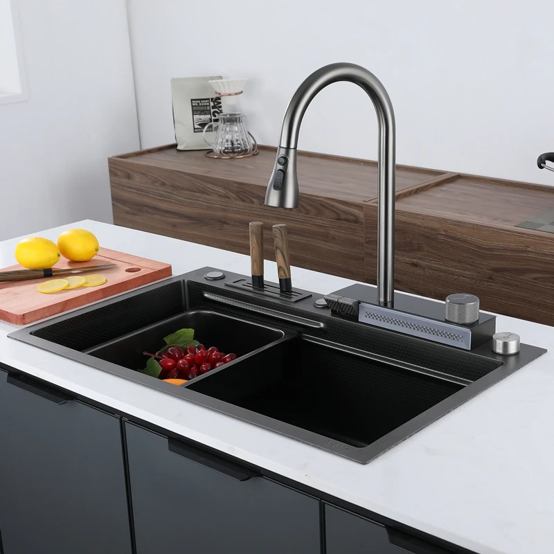 Luxury Anti-Scratch LED Digital Display Stainless Steel Kitchen Sink Faucet Multifunctional Basket Drainage Cover Chopping Board