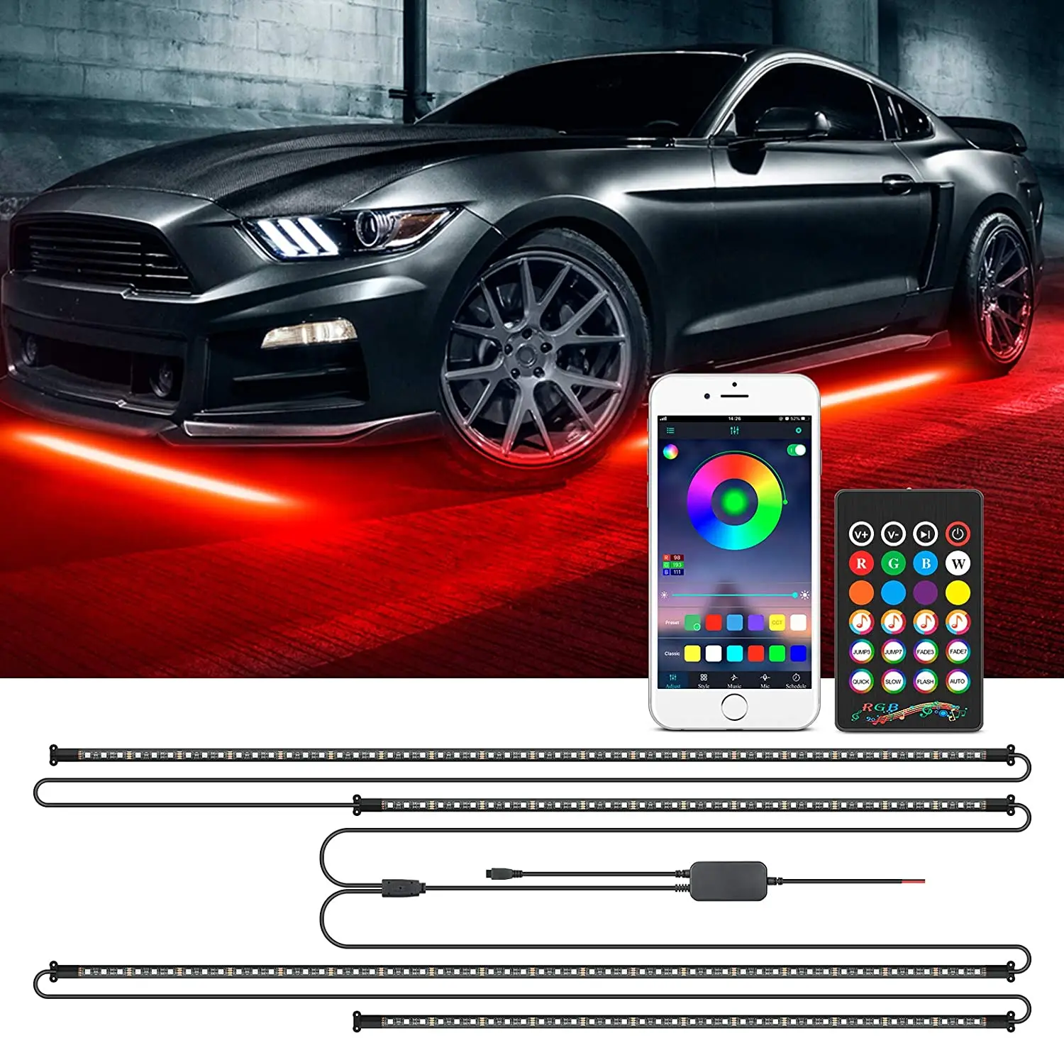 LEDCARE Car Underglow Lights,4Pcs Led Strip Car Lights Underglow Atmosphere Decorative Bar Lights kit,8 Color Neon Accent Lights Strip With Sound Active Function and Wireless APP Control 