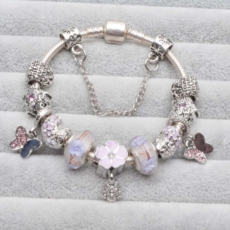 High Quality Pink Crystal Glass Beads Charm Bracelet Delicate Rhinestone Flower Butterfly Pendant Bracelet