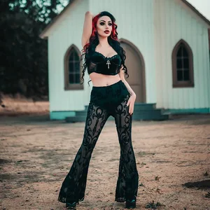High - Waisted, Slim - Fit and Sexy with Flocking Print and Sexy Slim Fit Flared Print Design Dark Gothic Style Flared Trousers