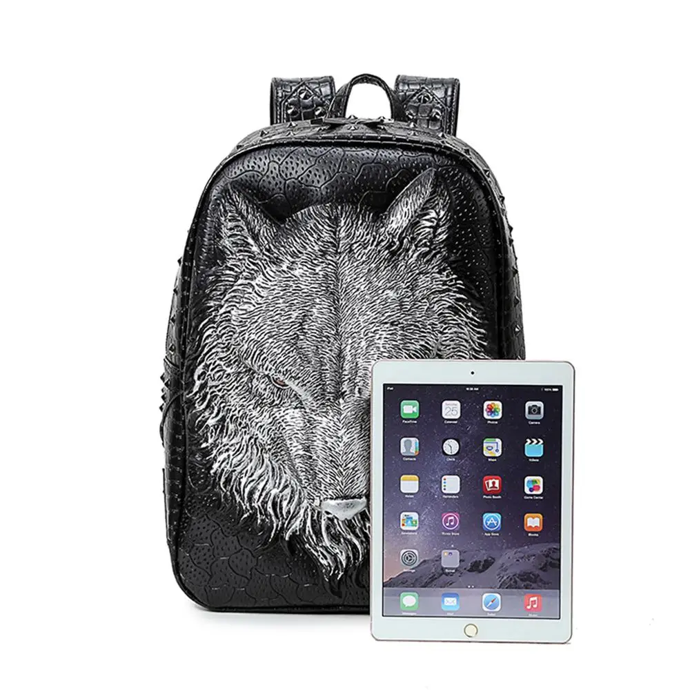 3D Printing Wolf Women Backpacks Men PU Leather School Bags
