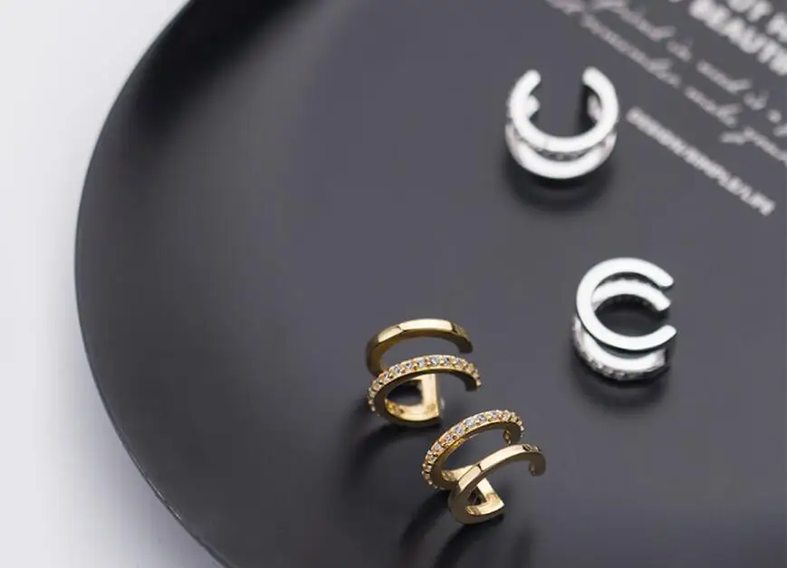Wholesale Simple 925 Silver Earrings Jewelry Mini Couple Wire Line Double Band Micro Pave CZ Ear Cuff Earrings