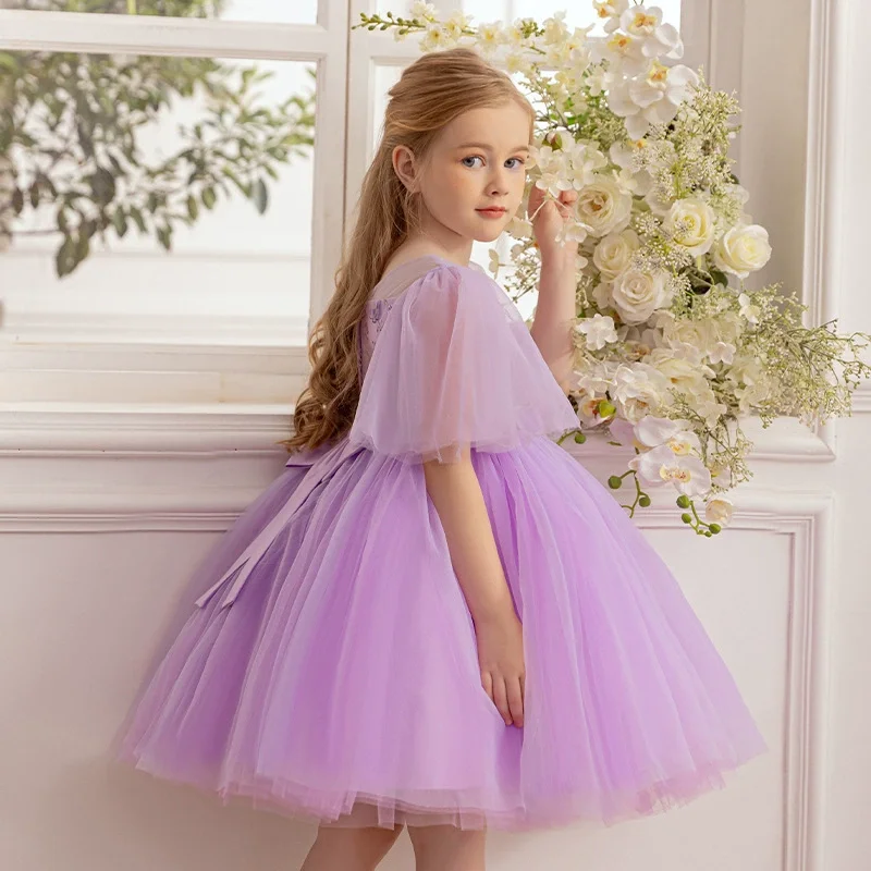 Purple Birthday Dress For Girls Elegant Party Frock With Printed