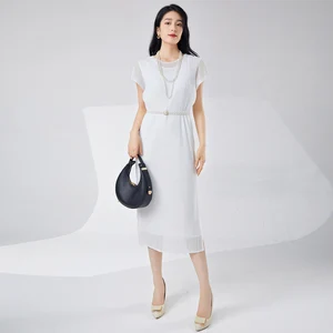 Ladies Pleated Casual Summer Fashion High Quality Stretch Mesh Women's Midi Dress Short Sleeve Plus Size Pleat Decoration