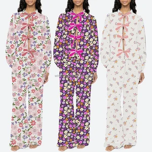Cute Loose Floral Print Pajama Set Bow Front Cardigan Top White Piping Long Pants Sleepwear Women