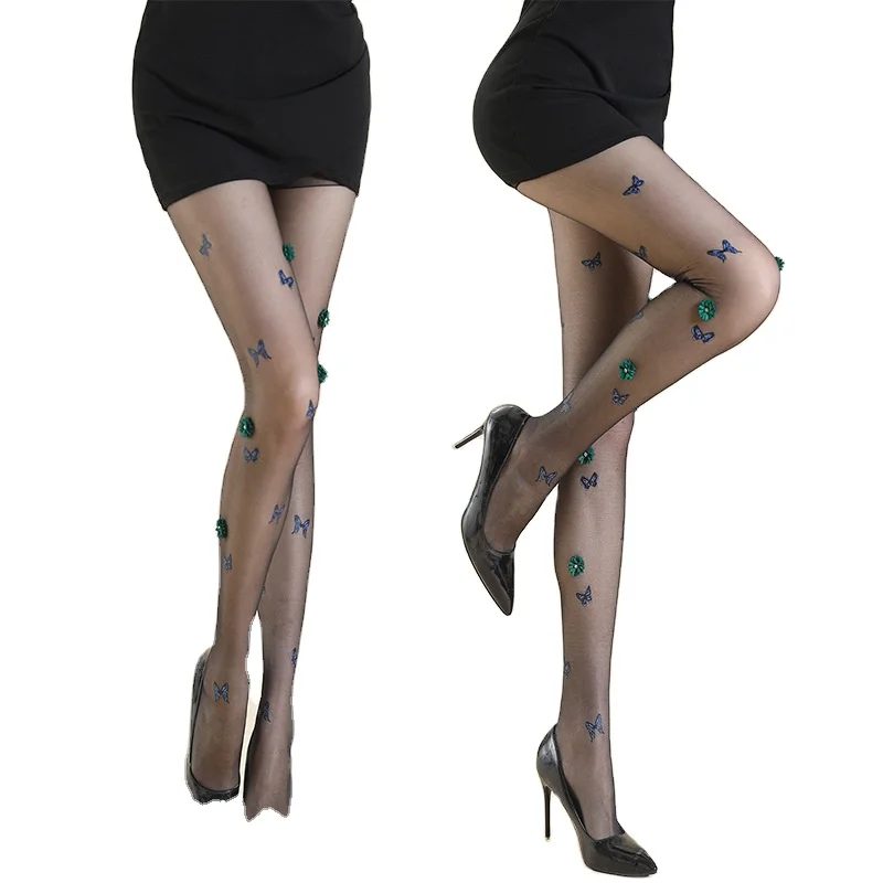The new butterfly flocking printed pantyhose invisible file thin through  sexy anti-peeling silk imported arbitrary cut stockings - AliExpress