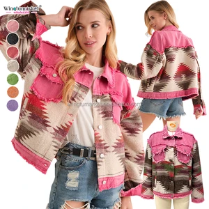 Wholesale Winter Jean Jacket Woman Distressed Raw Fringe Patch Coats Aztec Western Washed Denim Jackets for Women