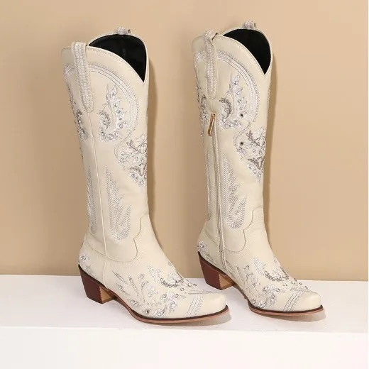 Hot Selling Female Floral Embroidery Knee High Boots Pointed Toe Women Chunky Heel Rhinestone Western Cowboy Boots - Image 4