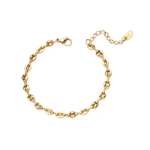 OEM Minimalist Stainless Steel 18K Gold Plated Coffee Bean Chain Bracelet Custom Women's Fashion Bangles with Pig Nose Design