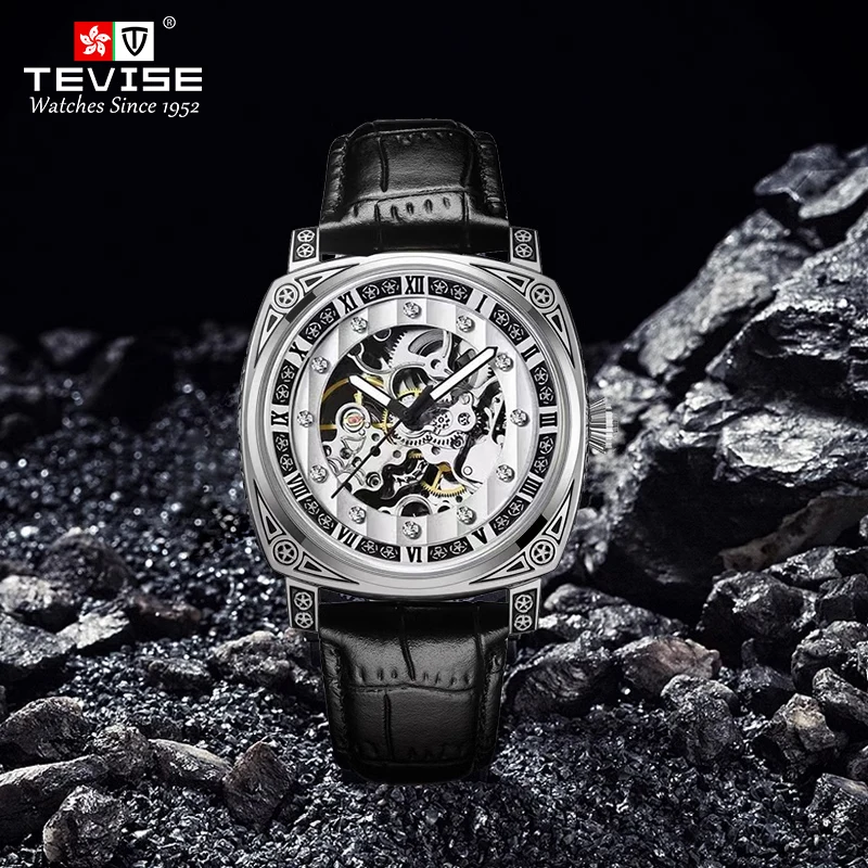 TEVISE Fully Automatic Mechanical Watch Hollow Out Leather Strap Large Dial Luxury Leather Watch for Men Watch