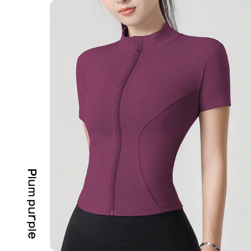 Fuyao High Elastic Yoga Short-sleeved Coat Pink Stand Collar Slim Fit Quick Dry Spandex/ detail