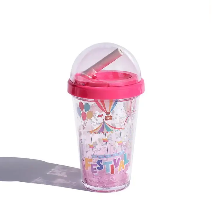 2 Gourdes Pailletées Avec Paille & Oreilles Chat - 400-500ml, Double Paroi - Fille