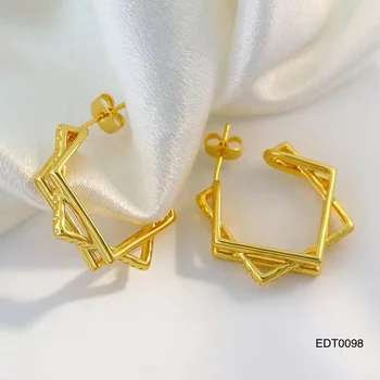 Wholesale Best Price Jewelry 18K Gold Plated Brass Hexagonal Star Huggies Earrings