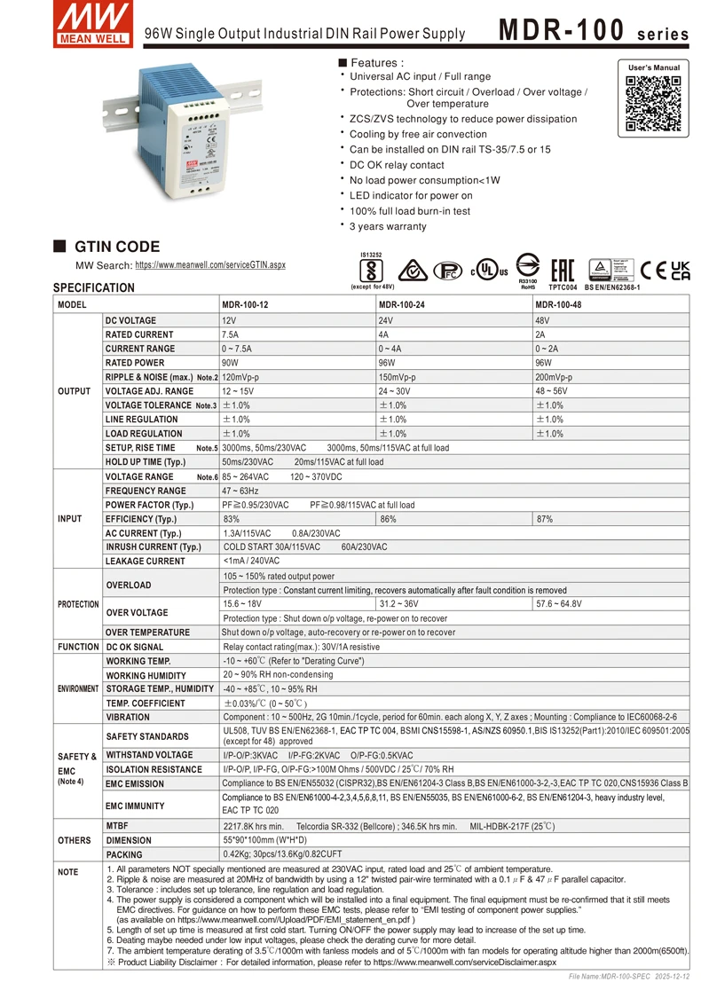 MEAN WELL MDR Series 10W to 100W DIN Rail Mount PSU Low No Load Loss <0.75W for Building Automation and Smart Home