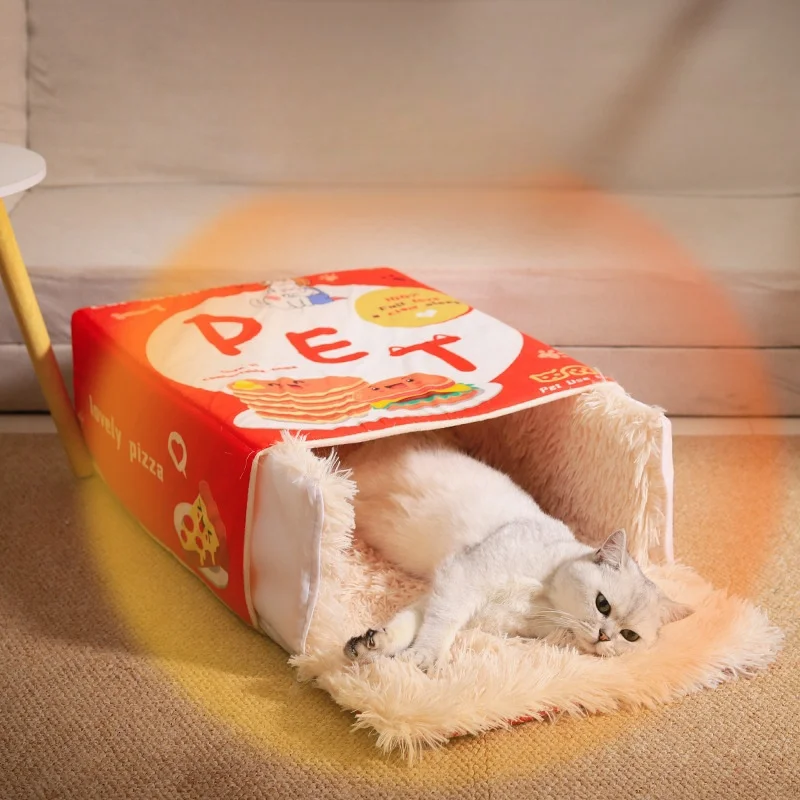 New Snack Box Plush Pet Bed Fully Enclosed Cookie Box Shape Warm Soft Windbreak Cute Pull Out Cat House Cushion Pet Products
