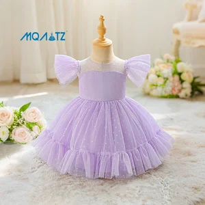 MQATZ Satin Dresses for Little Girls O-Neck Summer Print for Birthday Parties Plain Dyed Kids' Wear for Flower Girls