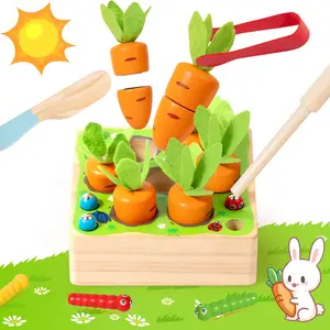 EPT Hot Sales 4in1 Baby Montessori Wooden Toys Developmental Shape Sorting & Matching Puzzle Carrots Harvest Game for Kids