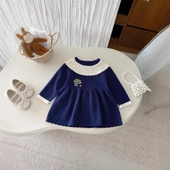 2025 Spring and Autumn Girls Baby Dresses Sweet Princess Baby Knitted Sweater Dress for Knee-Length with Lace Decoration