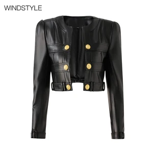 PU Leather Small Coat Top with Stitching Shoulder-Padded Neck High Street Style Autumn Formal Casual Outerwear Button Decoration