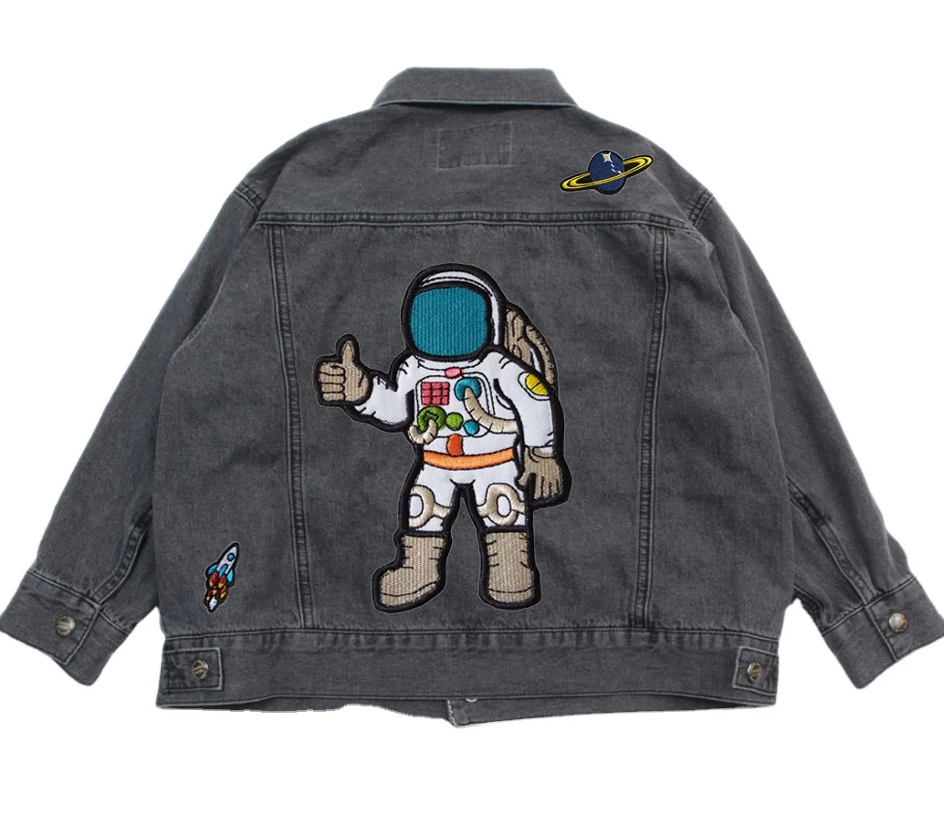 Custom Acid Washed Distressed Dinosaur Tiger Spaceship Astronaut Alien Patchwork Denim Jacket for Kids