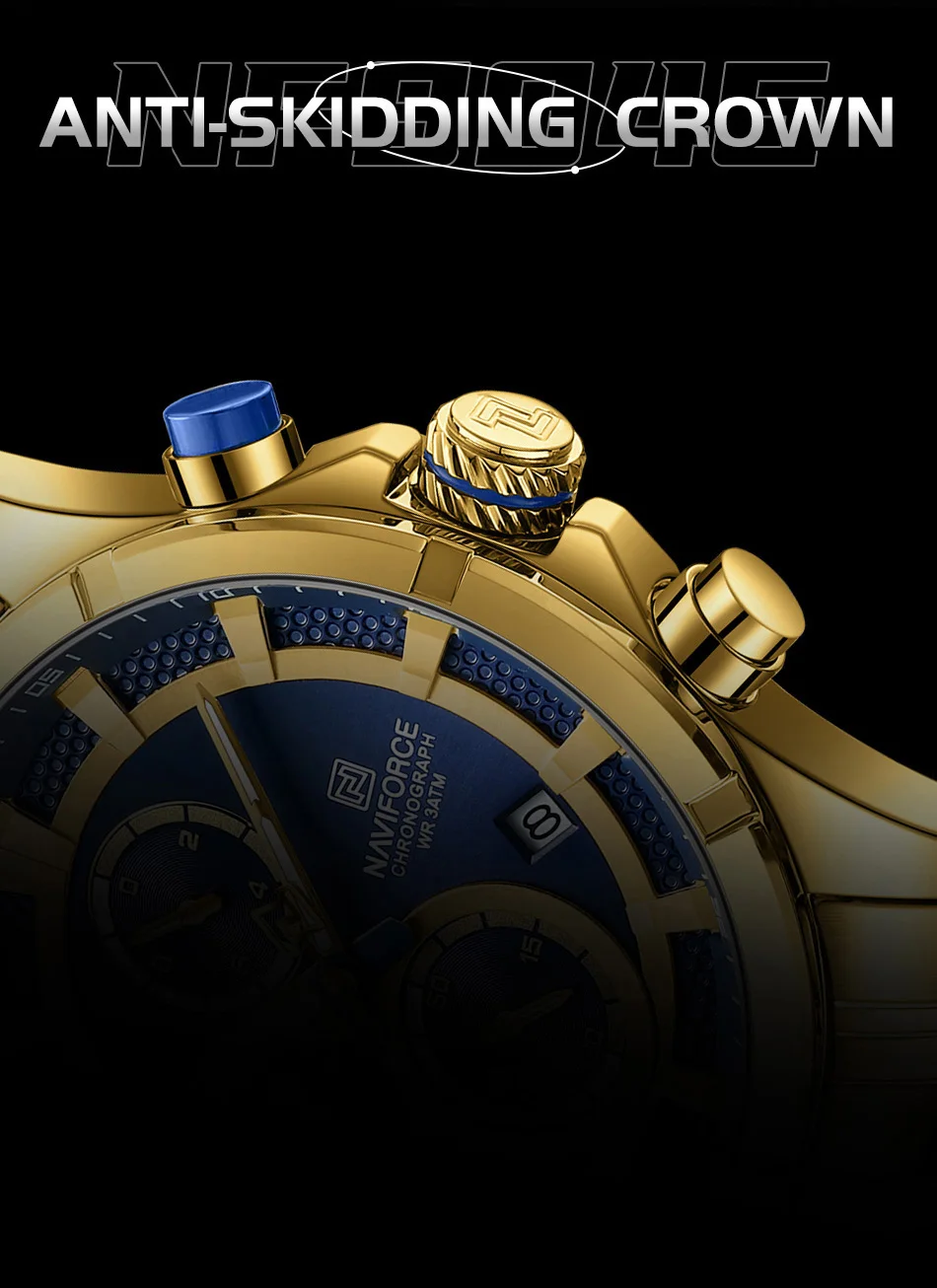 NAVIFORCE 8046 GBEG Custom Quartz Chronograph Design Wrist Watches Blue Dial with Gold Stainless Steel Band Men Watch