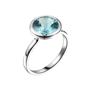 Manufacturer Dainty Finger Rings High Quality Natural Gemstone Round Blue Topaz Ring 925 Sterling Silver
