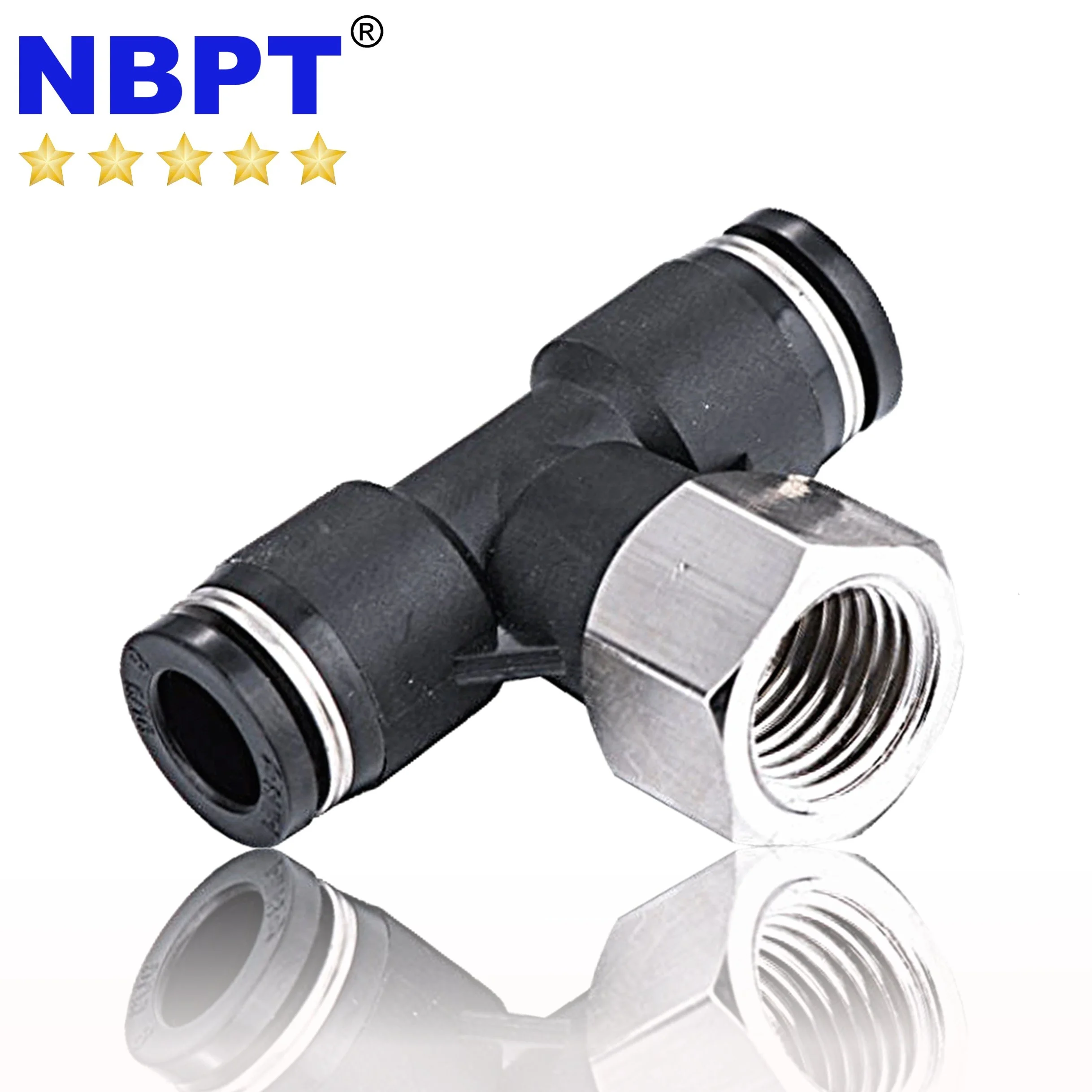 PBF Female Threaded 3 Way Tee Shape Brass Air Water Tube Fitting One Touch Push in Casting Technics Model Number Head
