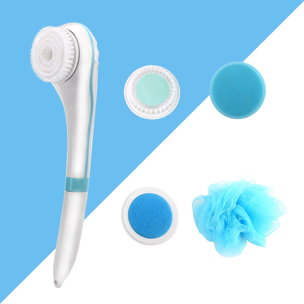 PRITECH USB Rechargeable IPX7 Waterproof Electric Rotating Bath Brush 5 in 1 Multifunction Body Care with Long Handle Plastic