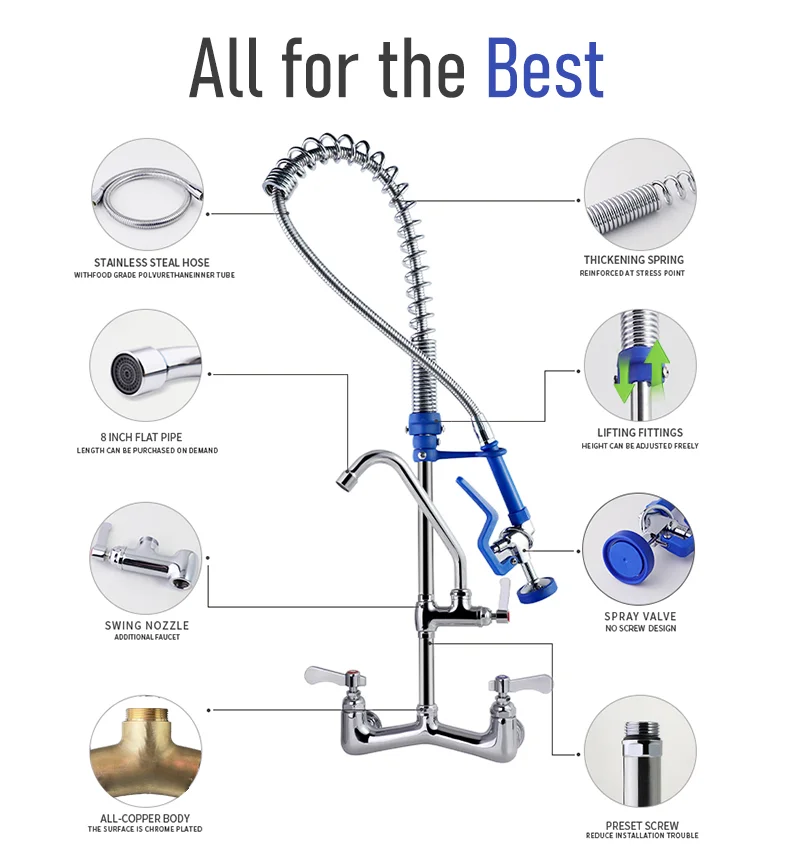 Commercial Kitchen 304 Stainless Steel Pre-Rinse Faucet Taps 2-Hole Industrial Flexible Sprayer Wall Mixer Brass 2-Hole supplier