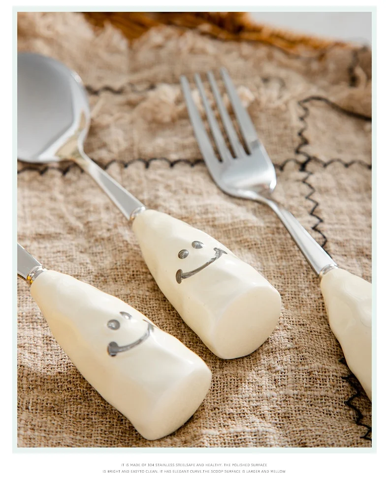 Household Smiley Cartoon Western Food Spoon Fork Knife Modern 304 Stainless Steel Short Handle Cutlery Set
