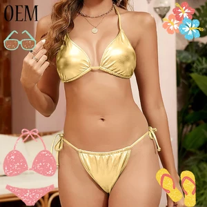 Summer Girls Metallic Bikini Set String Thong Swimsuits Two Piece Triangle Halter Bathing Suit for Women