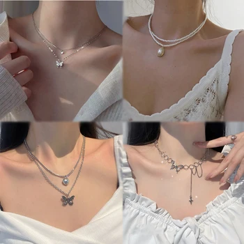 Finetoo Simple Fashion Pearl Love Butterfly Necklace women Vintage Red Crystal Heart Pendant Clavicle Chain Gift Jewelry