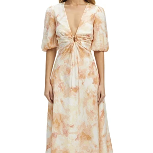 Lady Elegant Dress Deep V-neck Short Sleeve Tie Front Spring Floral Print Midi Casual Women's Dresses