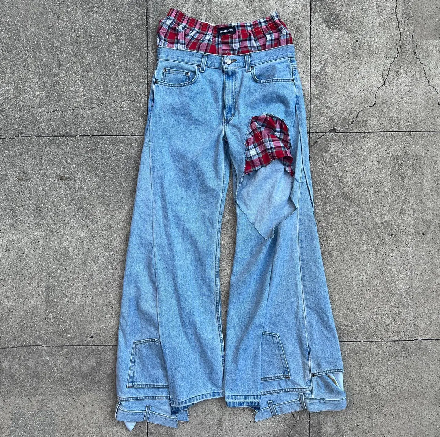 Custom Double Waist Denim Pants Straight Leg Plaid High Waist Oversized Ripped Cotton Baggy Streetwear Flare Jean Pants for Men gallery 7