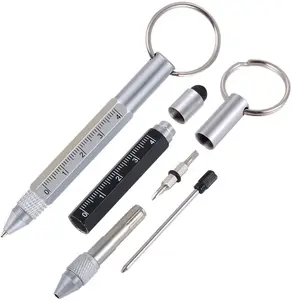 Multi Function Ball Pen 6 in 1 Tool Screwdriver Ruler Mini Metal Ballpoint Pen with Keychain