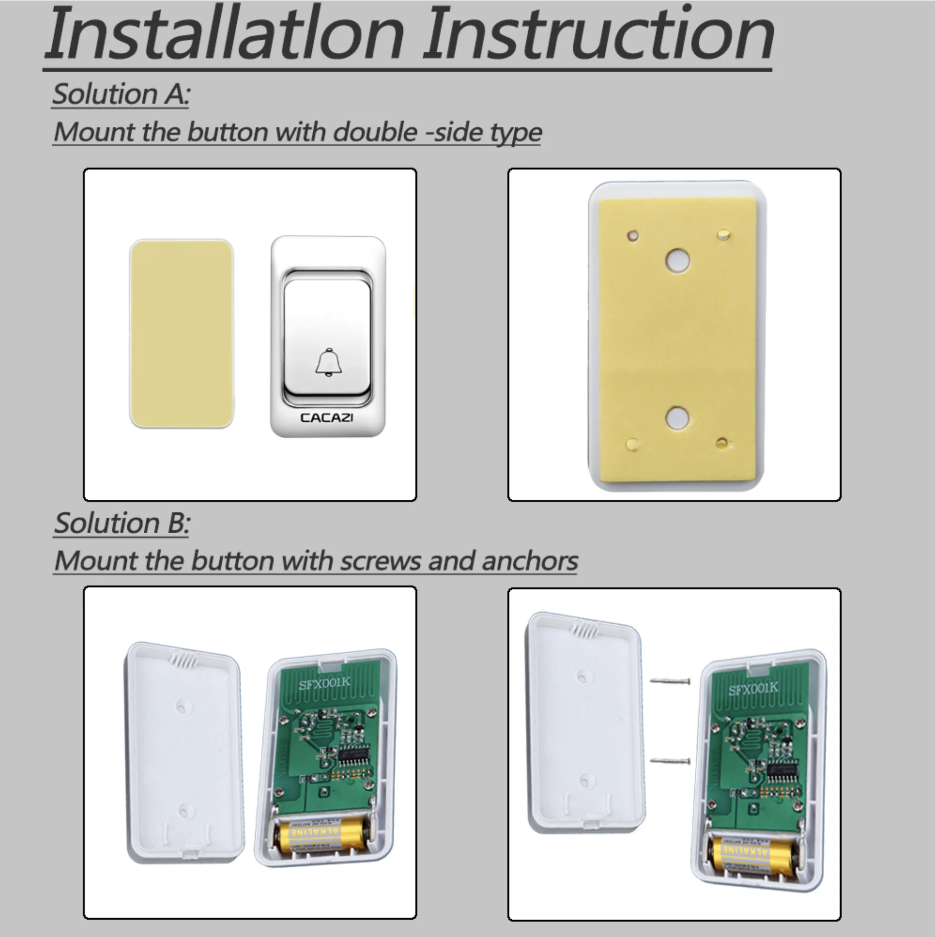 CACAZI K01 1Button + 2Receivers Wireless Doorbell Waterproof Battery 300M Remote US EU UK AU Plug Home Calling Doorbell chimes