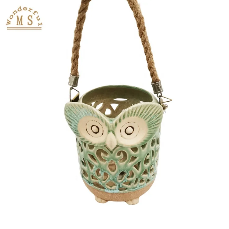 Ceramic Home Decoration Owl Shaped Candle Holder Lantern Tabletop Stand Green Color Reactive Glazing for outdoor and indoor