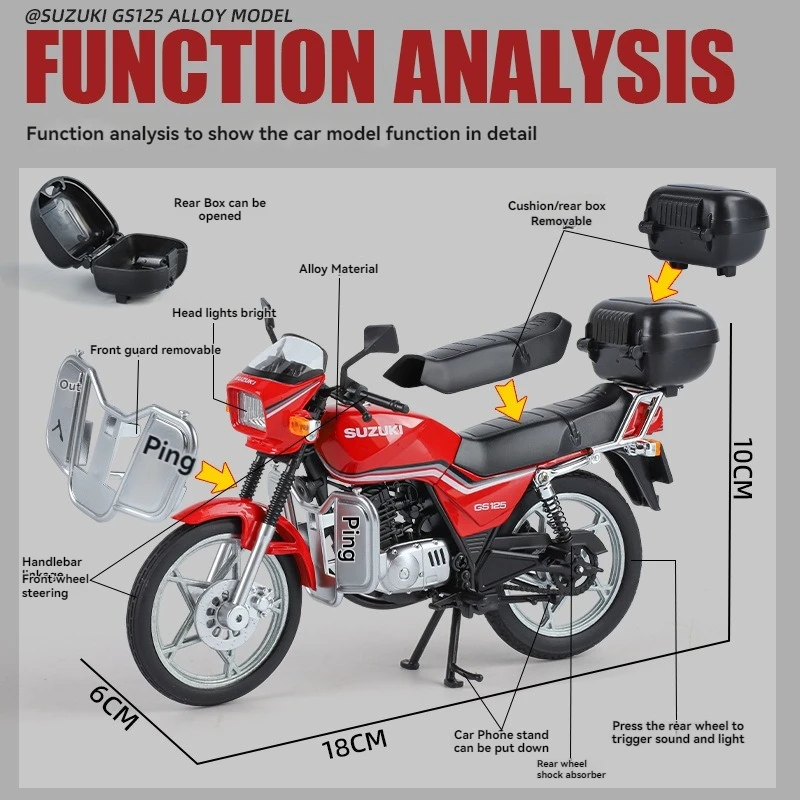 Diecast 1:12 Suzuki GS125 Motorcycle Model with Sound & Light Diecast 1:12 Suzuki GS125 Motorcycle Model with Sound & Light