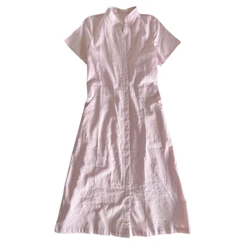 Women's Solid Pure Linen Dress Spring/Summer Casual Back Waist Elastic design Dress for Wome